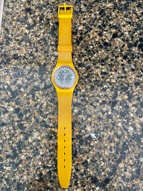 Yellow Silicone Analog SWATCH Watch with Colorful Dial-NEEDS BATTERY